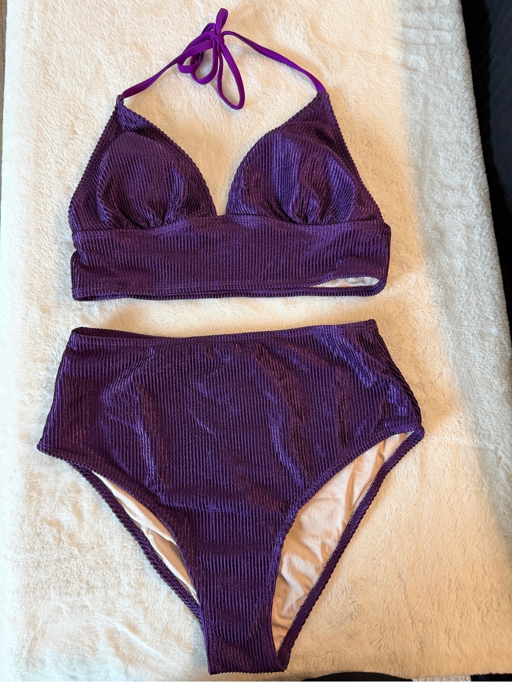 NWT CUPSHE Purple Ribbed High-Waist Bikini Set with Adjustable Strap
